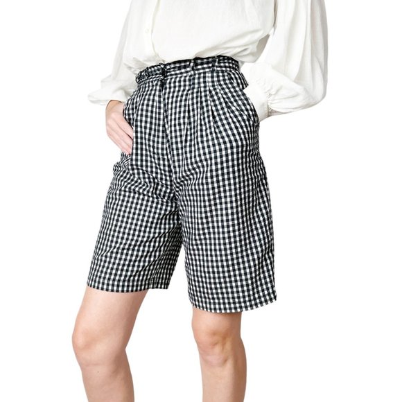 Vintage High Waisted Gingham Plaid Pleated Long Mom Shorts Bermuda Picnic Check - Picture 7 of 8